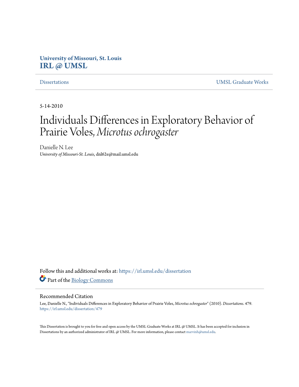 Individuals Differences in Exploratory Behavior of Prairie Voles, Microtus Ochrogaster Danielle N
