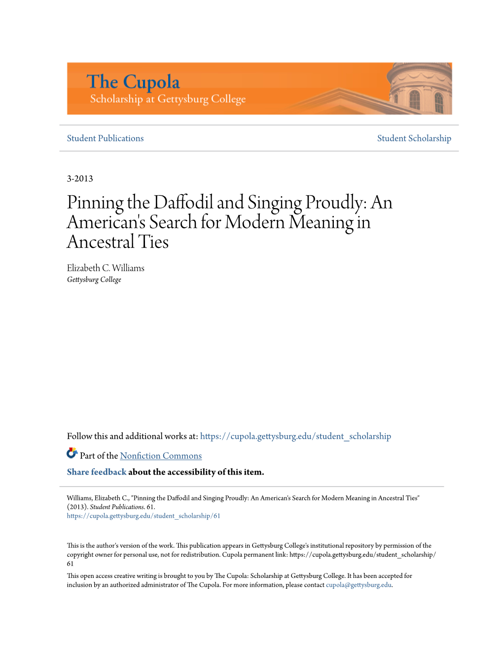 Pinning the Daffodil and Singing Proudly: an American's Search for Modern Meaning in Ancestral Ties Elizabeth C