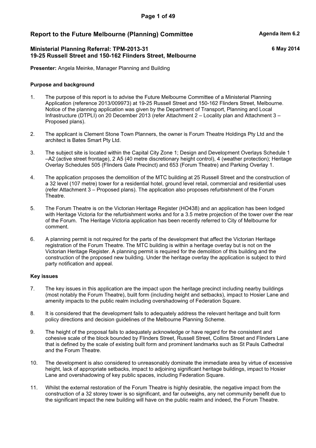 Report to the Future Melbourne (Planning) Committee Agenda Item 6.2