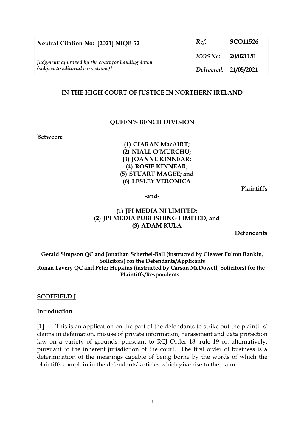 NIQB 52 Ref: SCO11526 20/021151 Delivered: 21/05/2021 in the HIGH COURT of JUSTICE in NORTHERN IR