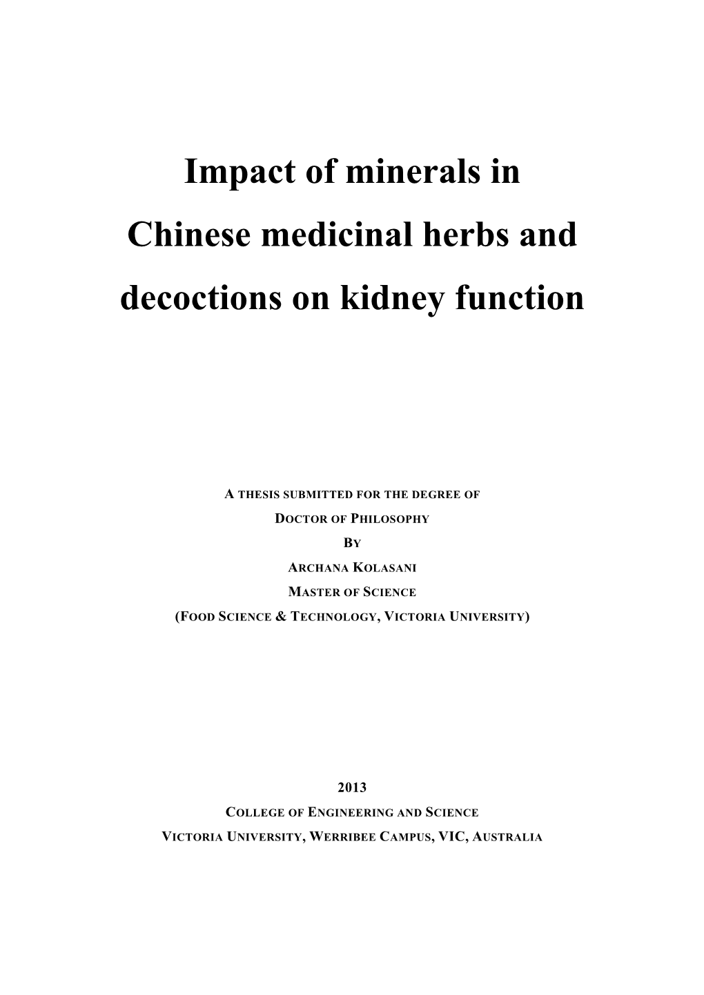 Impact of Minerals in Chinese Medicinal Herbs and Decoctions on Kidney Function