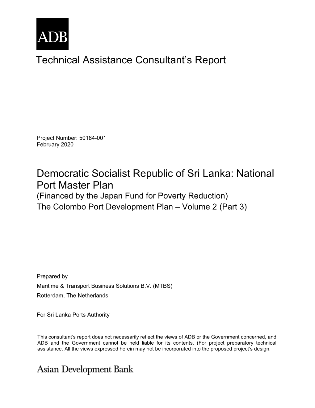 Technical Assistance Consultant's Report Democratic Socialist Republic of Sri Lanka: National Port Master Plan
