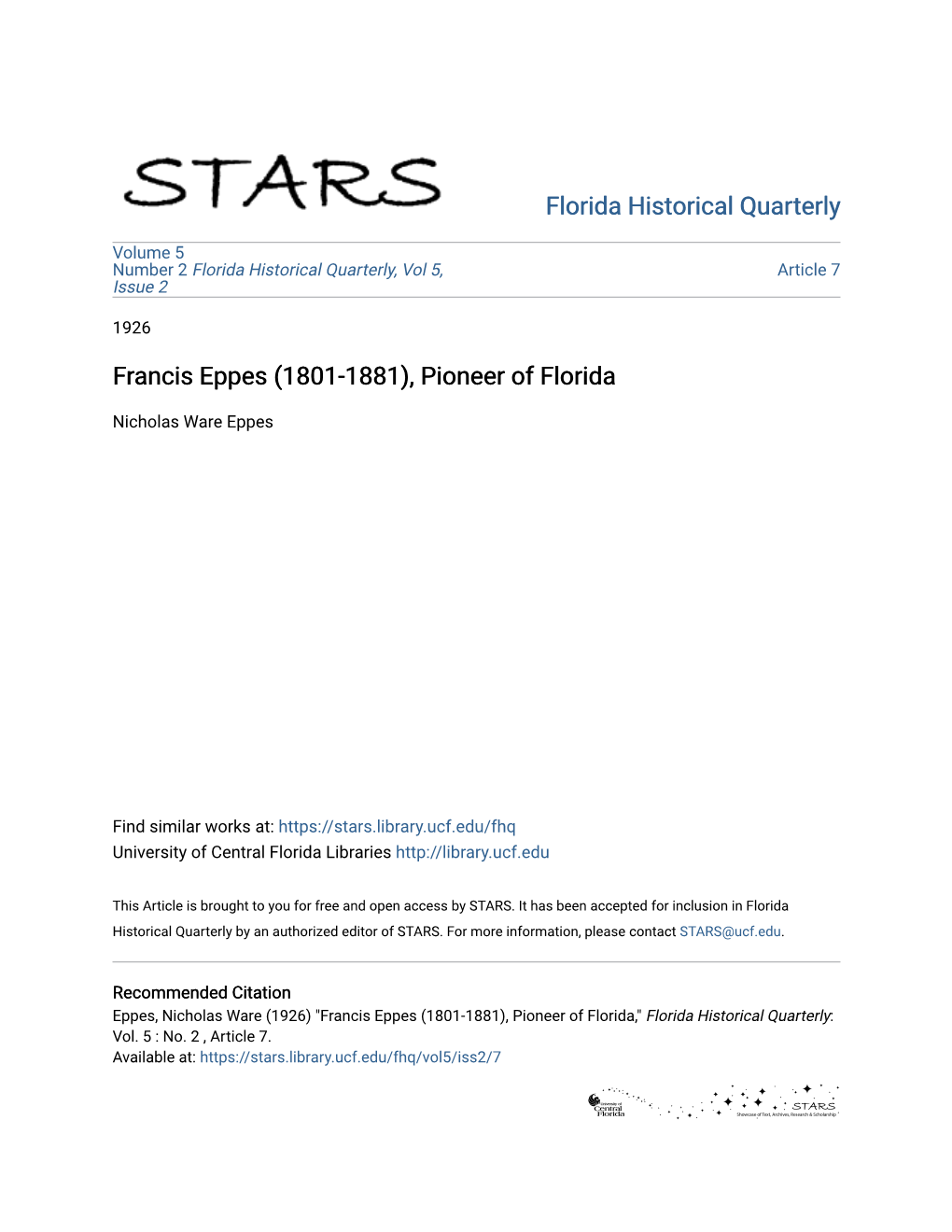 Francis Eppes (1801-1881), Pioneer of Florida