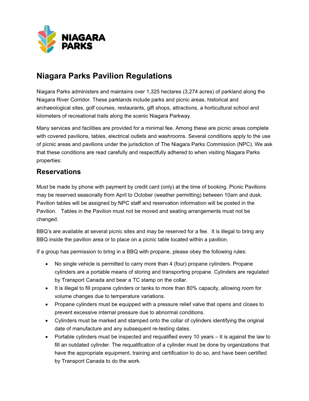 Niagara Parks Pavilion Regulations