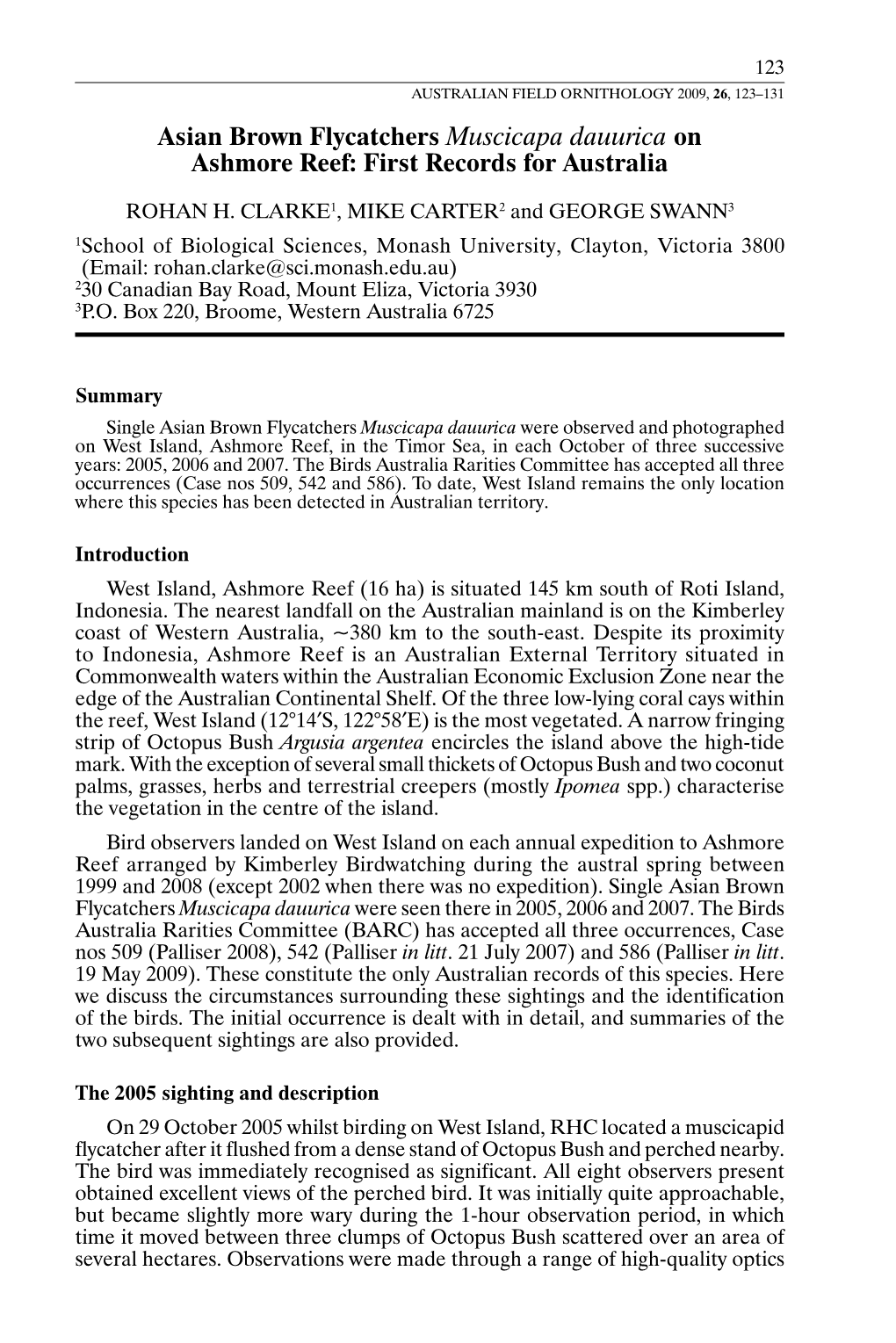 Asian Brown Flycatchers Muscicapa Dauurica on Ashmore Reef: First Records for Australia