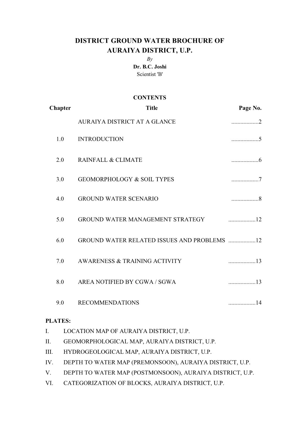 District Ground Water Brochure of Auraiya District, U.P