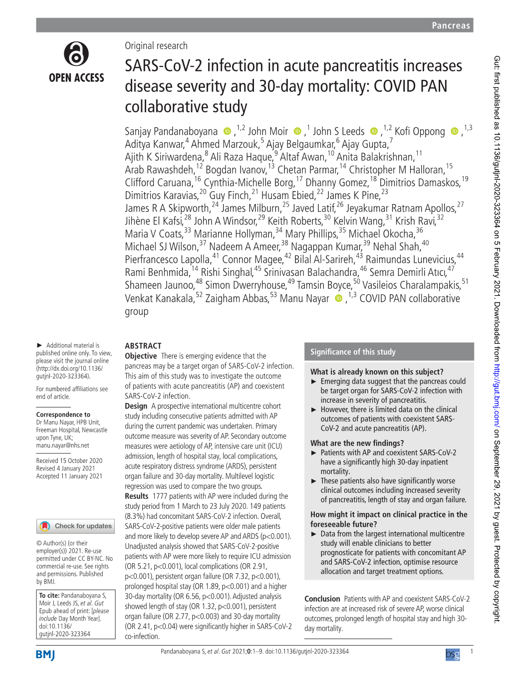 SARS-Cov-2 Infection in Acute Pancreatitis Increases Disease Severity and 30-Day Mortality