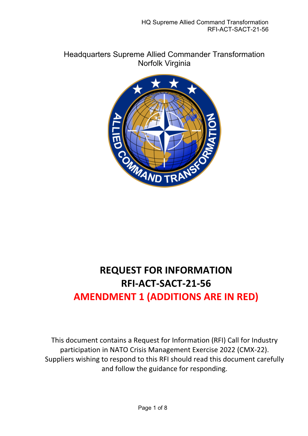 Request for Information Rfi-Act-Sact-21-56 Amendment 1 (Additions Are in Red)