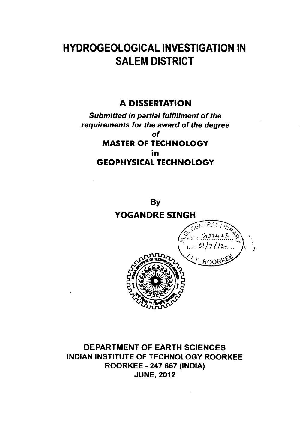 Hydrogeological Investigation in Salem District