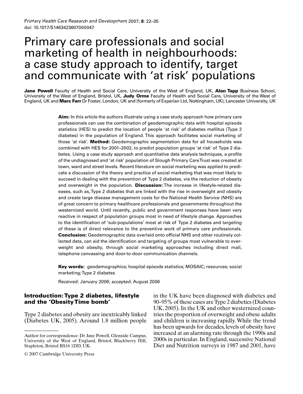 Primary Care Professionals and Social Marketing of Health in Neighbourhoods: a Case Study Approach to Identify, Target and Communicate with ‘At Risk’ Populations