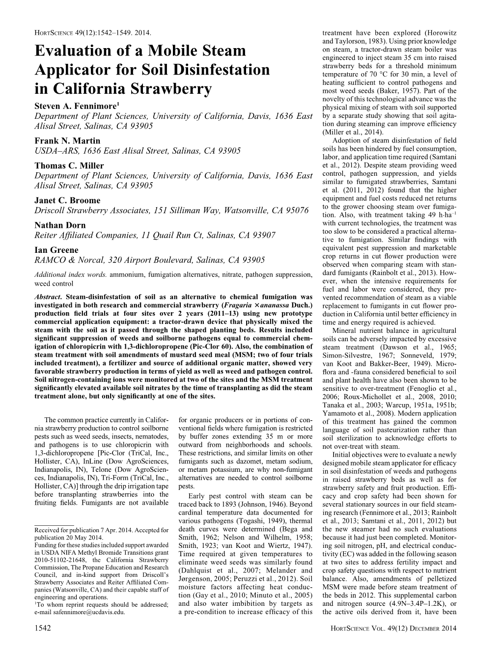 Evaluation of a Mobile Steam Applicator for Soil Disinfestation In