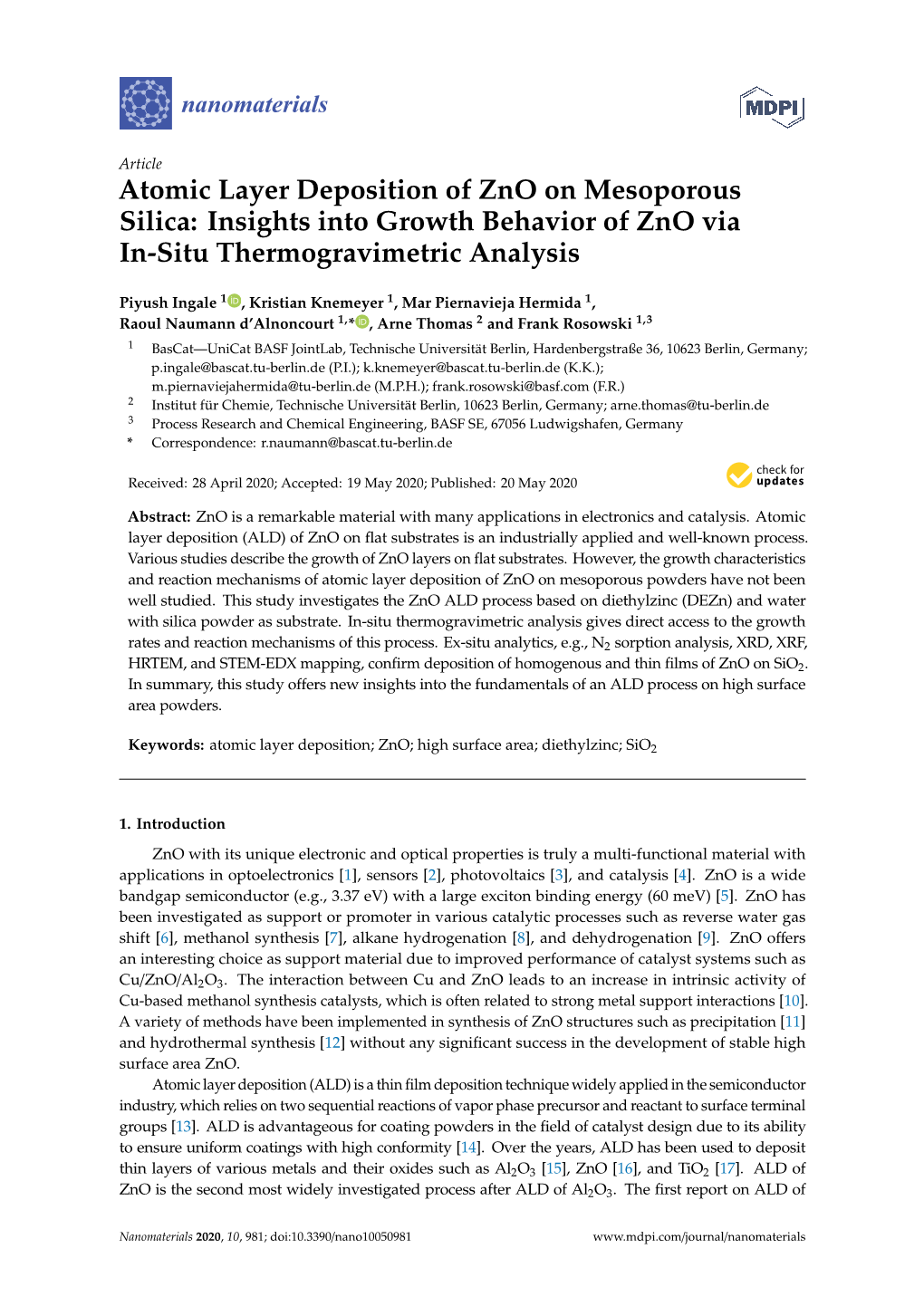 Atomic Layer Deposition of Zno on Mesoporous Silica: Insights Into Growth Behavior of Zno Via In-Situ Thermogravimetric Analysis