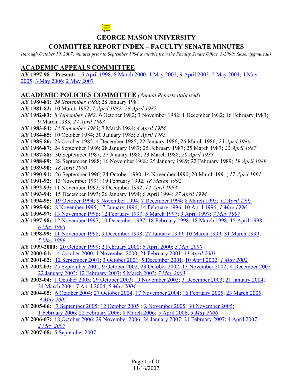 George Mason University Committee Report Index – Faculty Senate Minutes