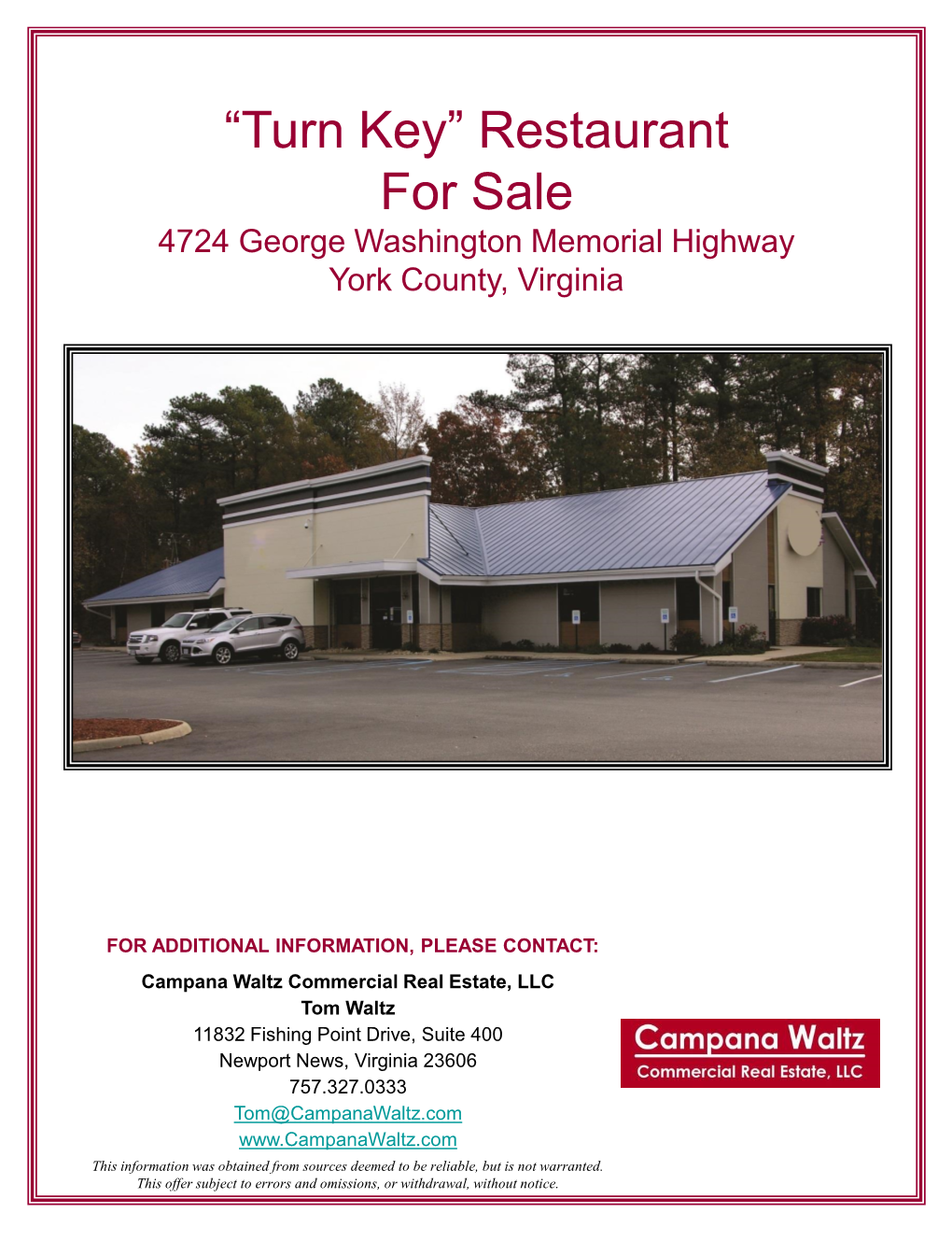 Restaurant for Sale 4724 George Washington Memorial Highway York County, Virginia