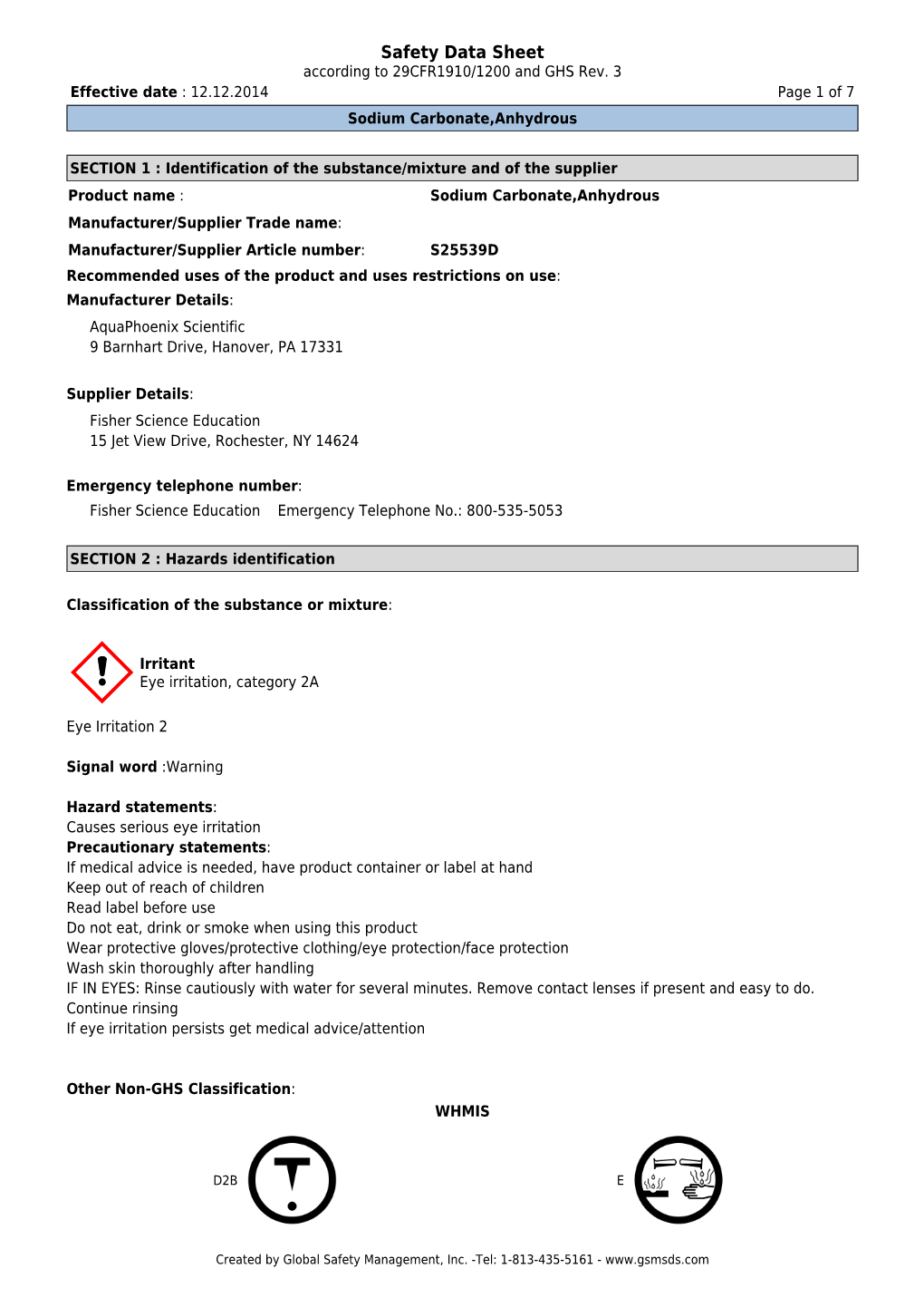 Safety Data Sheet According to 29CFR1910/1200 and GHS Rev