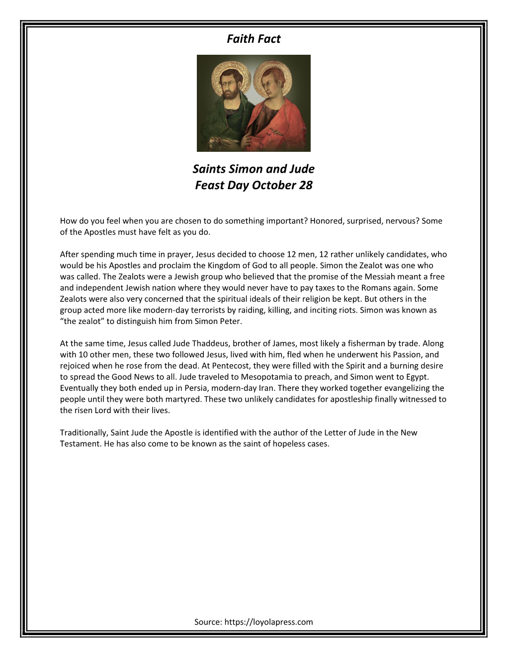 Faith Fact Saints Simon and Jude Feast Day October 28