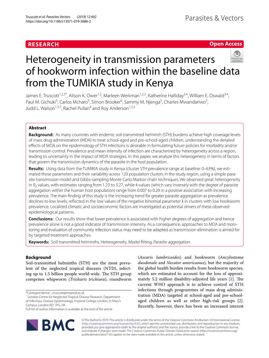 Heterogeneity in Transmission Parameters of Hookworm Infection Within the Baseline Data from the TUMIKIA Study in Kenya James E