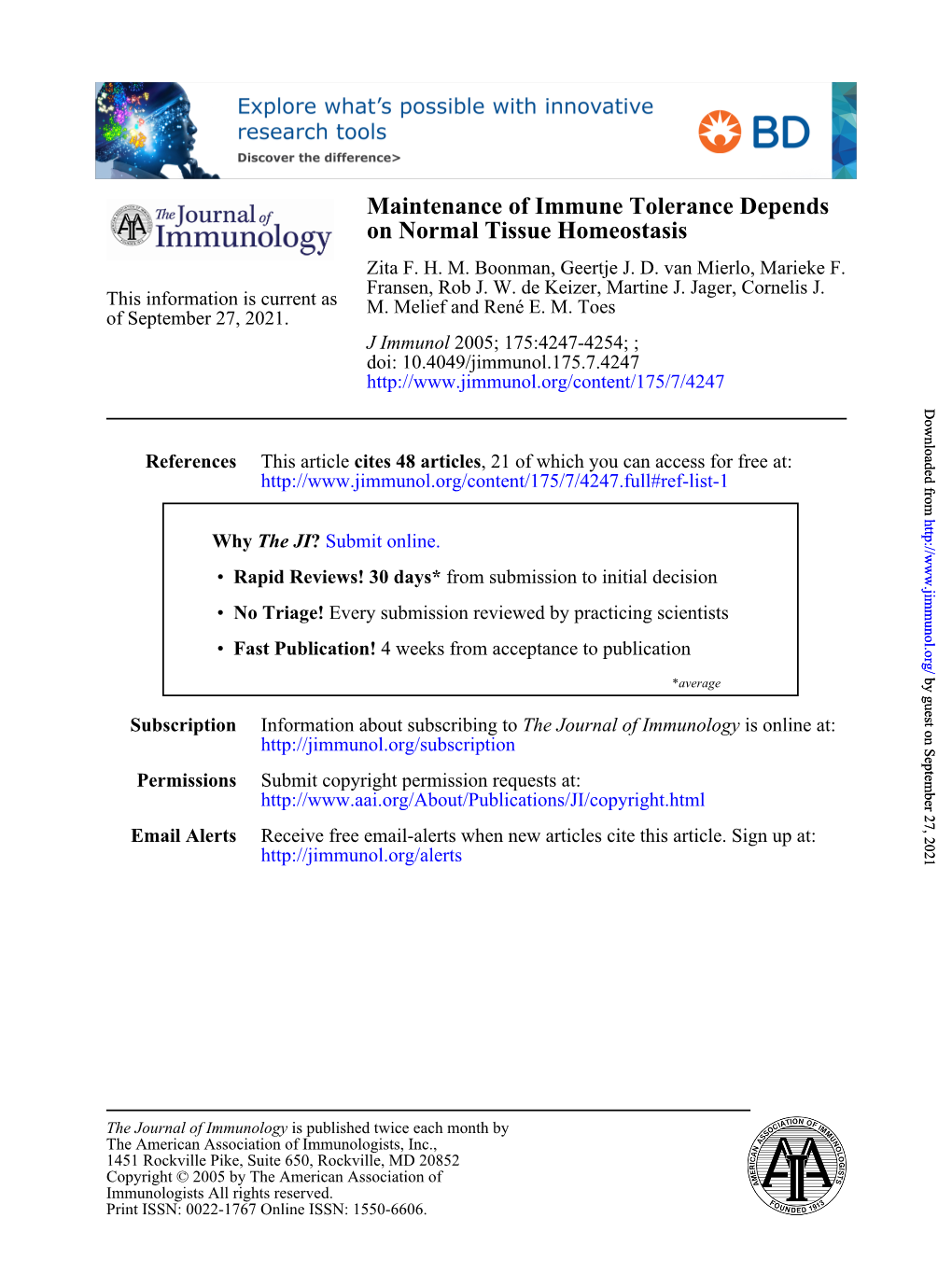 On Normal Tissue Homeostasis Maintenance of Immune Tolerance