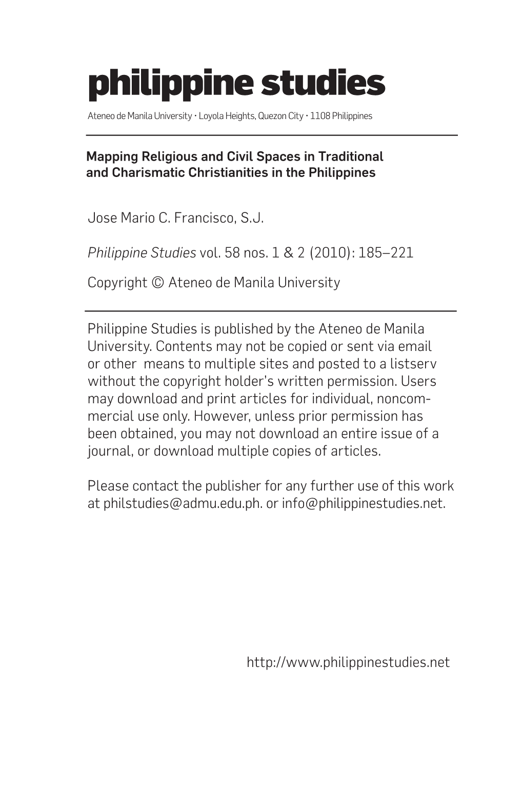 Philippine Studies Ateneo De Manila University • Loyola Heights, Quezon City • 1108 Philippines