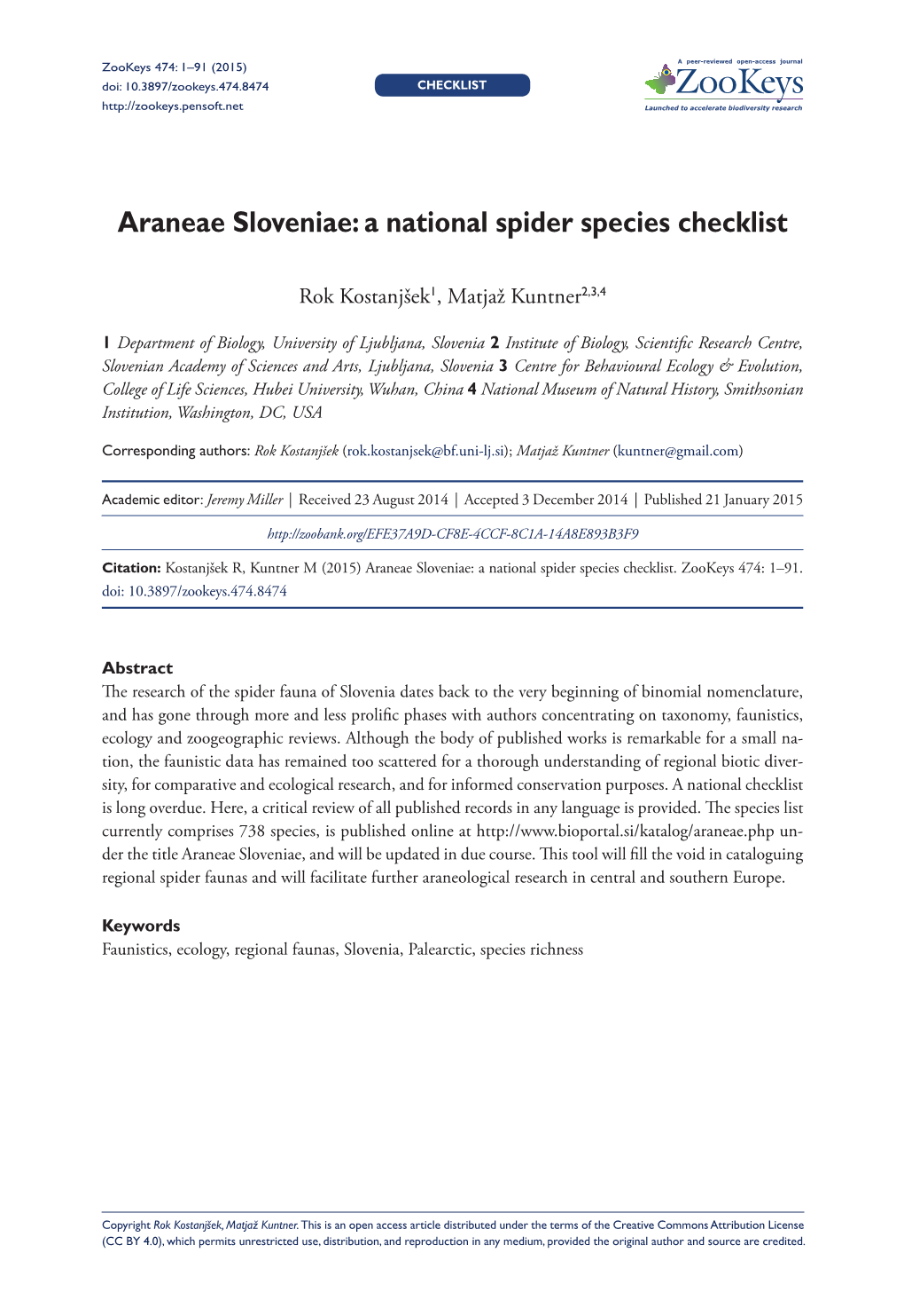 ﻿Araneae Sloveniae: a National Spider Species Checklist