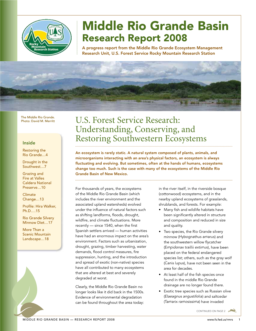 Middle Rio Grande Basin Research Report 2008 a Progress Report from the Middle Rio Grande Ecosystem Management Research Unit, U.S