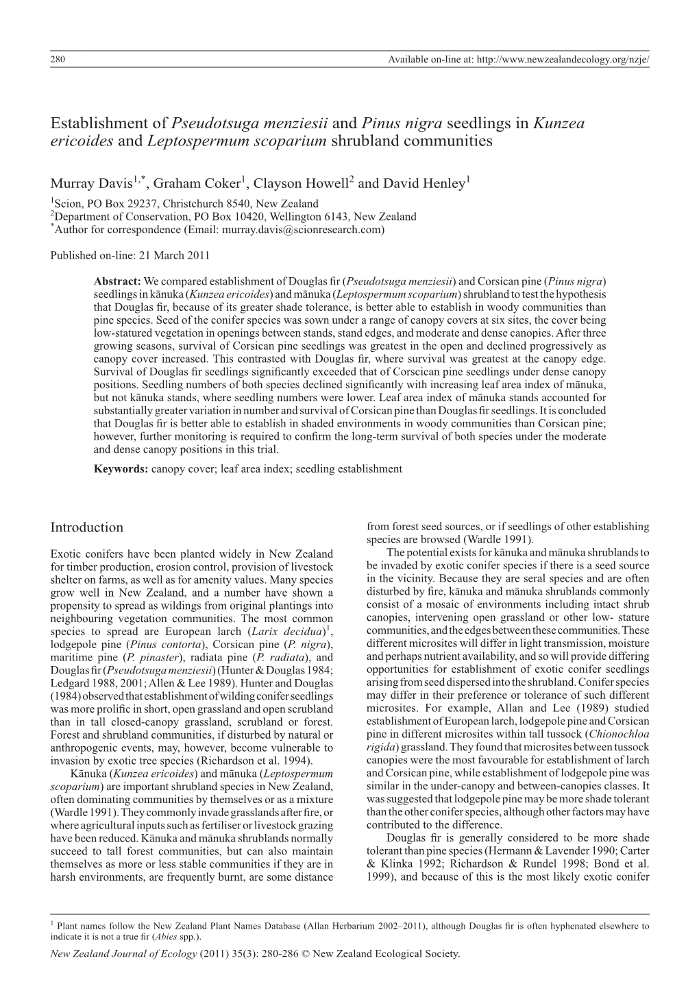 Establishment of Pseudotsuga Menziesii and Pinus Nigra Seedlings in Kunzea Ericoides and Leptospermum Scoparium Shrubland Communities