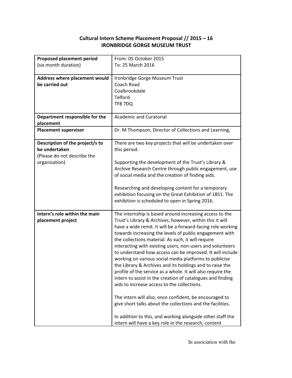 Cultural Intern Scheme Placement Proposal 2015 16