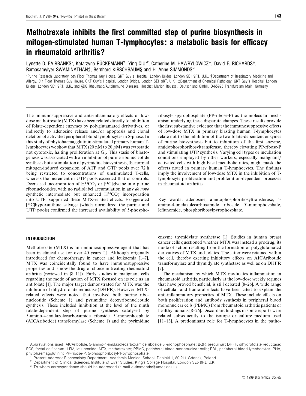 Methotrexate Inhibits the First Committed Step of Purine