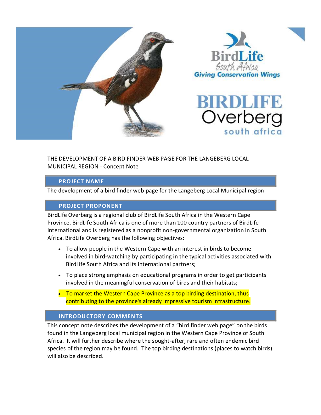 THE DEVELOPMENT of a BIRD FINDER WEB PAGE for the LANGEBERG LOCAL MUNICIPAL REGION - Concept Note