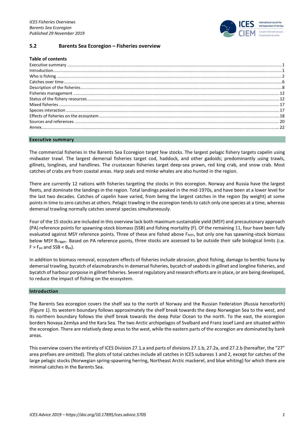 5.2 Barents Sea Ecoregion – Fisheries Overview