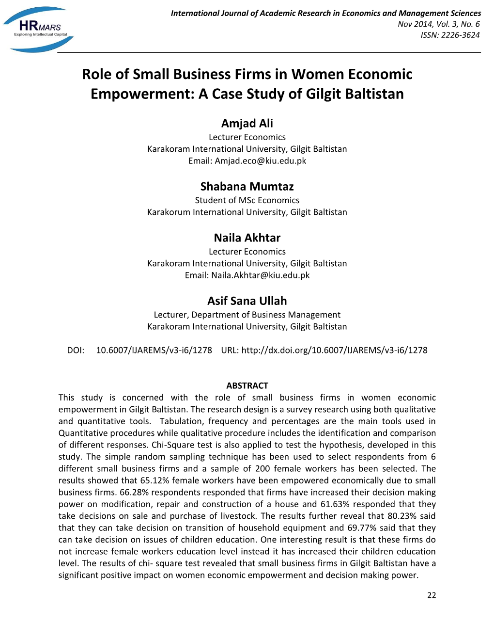 Role of Small Business Firms in Women Economic Empowerment: a Case Study of Gilgit Baltistan