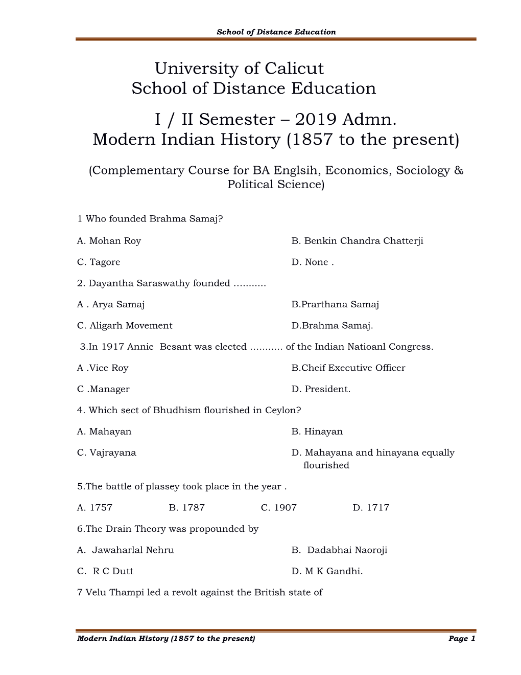 2019 Admn. Modern Indian History (1857 to the Present)