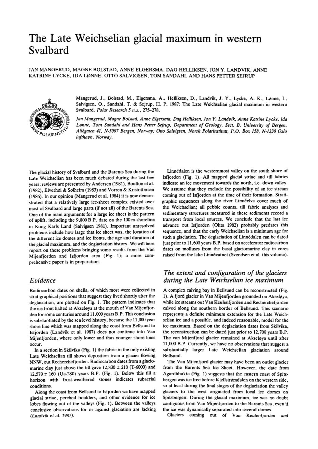 The Late Weichselian Glacial Maximum in Western Svalb Ar D