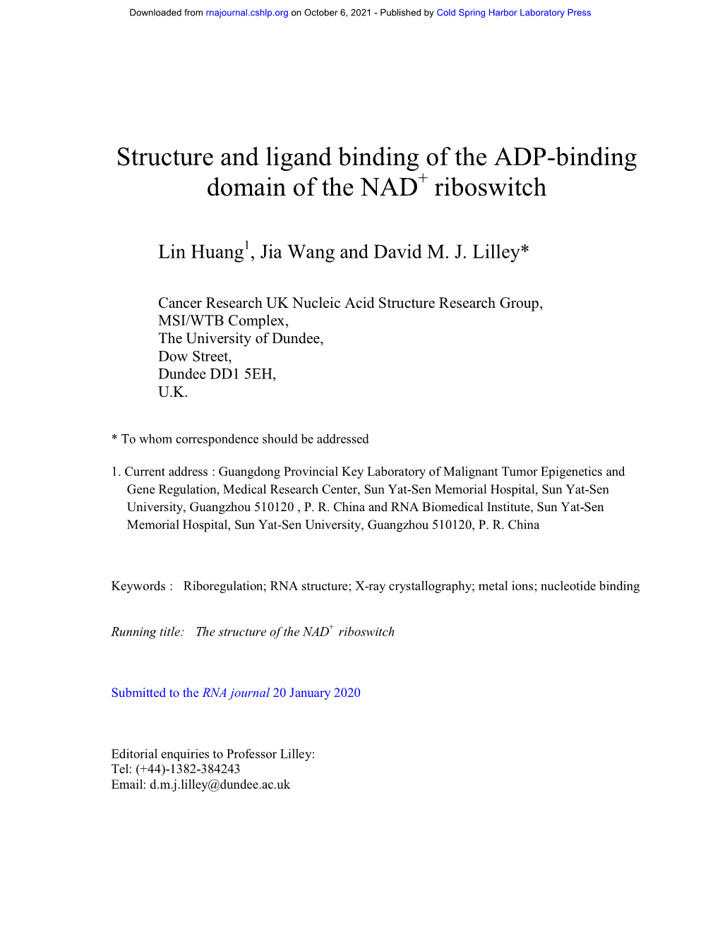 Structure and Ligand Binding of the ADP-Binding Domain of the NAD+ Riboswitch