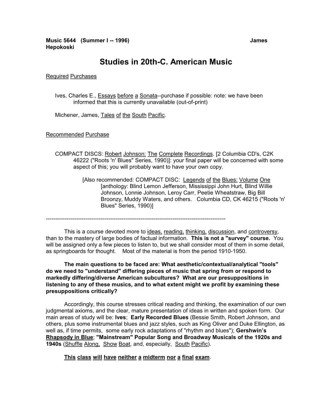1996–Master's Level Seminar, American Music
