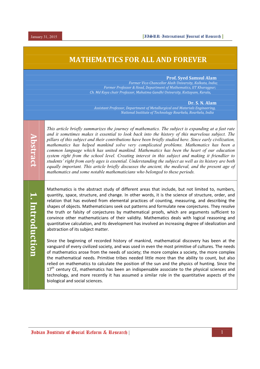 IJR-1, Mathematics for All ... Syed Samsul Alam