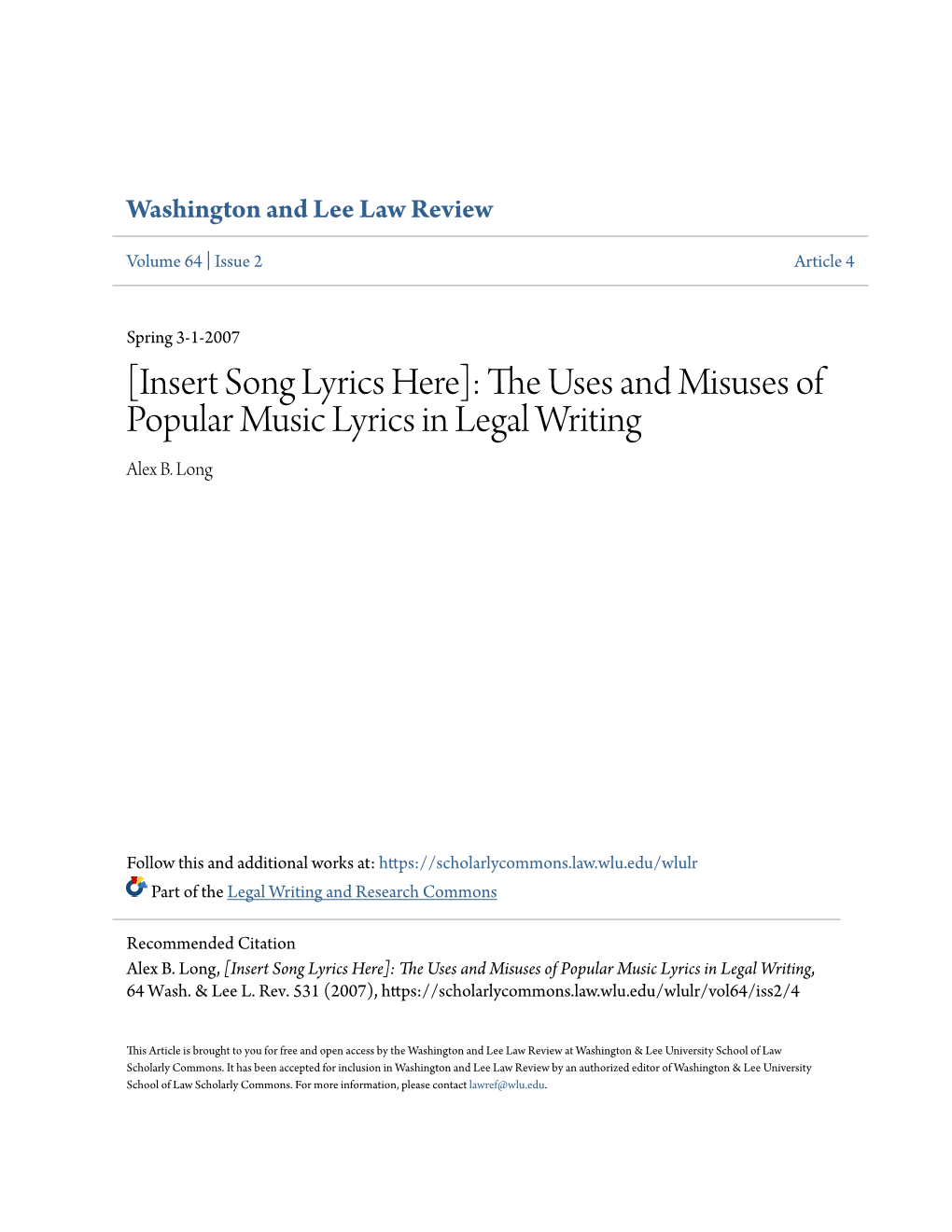 The Uses and Misuses of Popular Music Lyrics in Legal Writing, 64 Wash