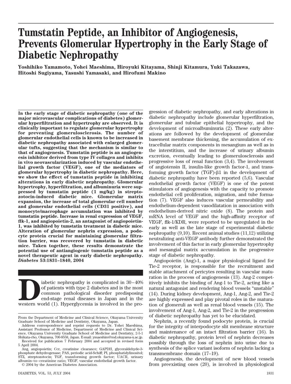 Tumstatin Peptide, an Inhibitor of Angiogenesis, Prevents Glomerular