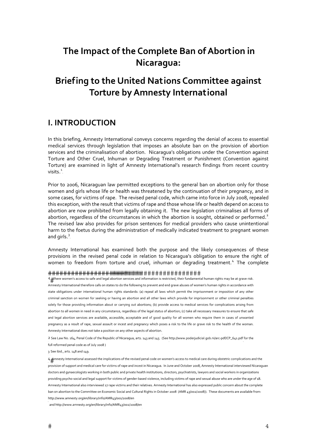 The Impact of the Complete Ban of Abortion in Nicaragua: Briefing to the United Nations Committee Against Torture by Amnesty International