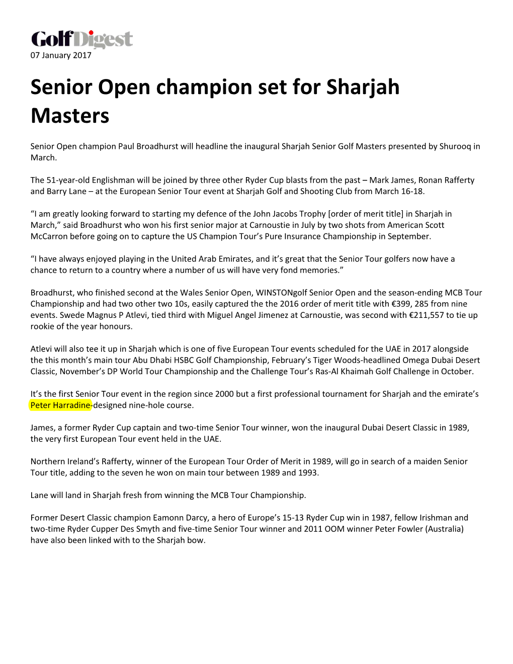 GOLFDIGEST: Senior Open Champion Set for Sharjah Masters