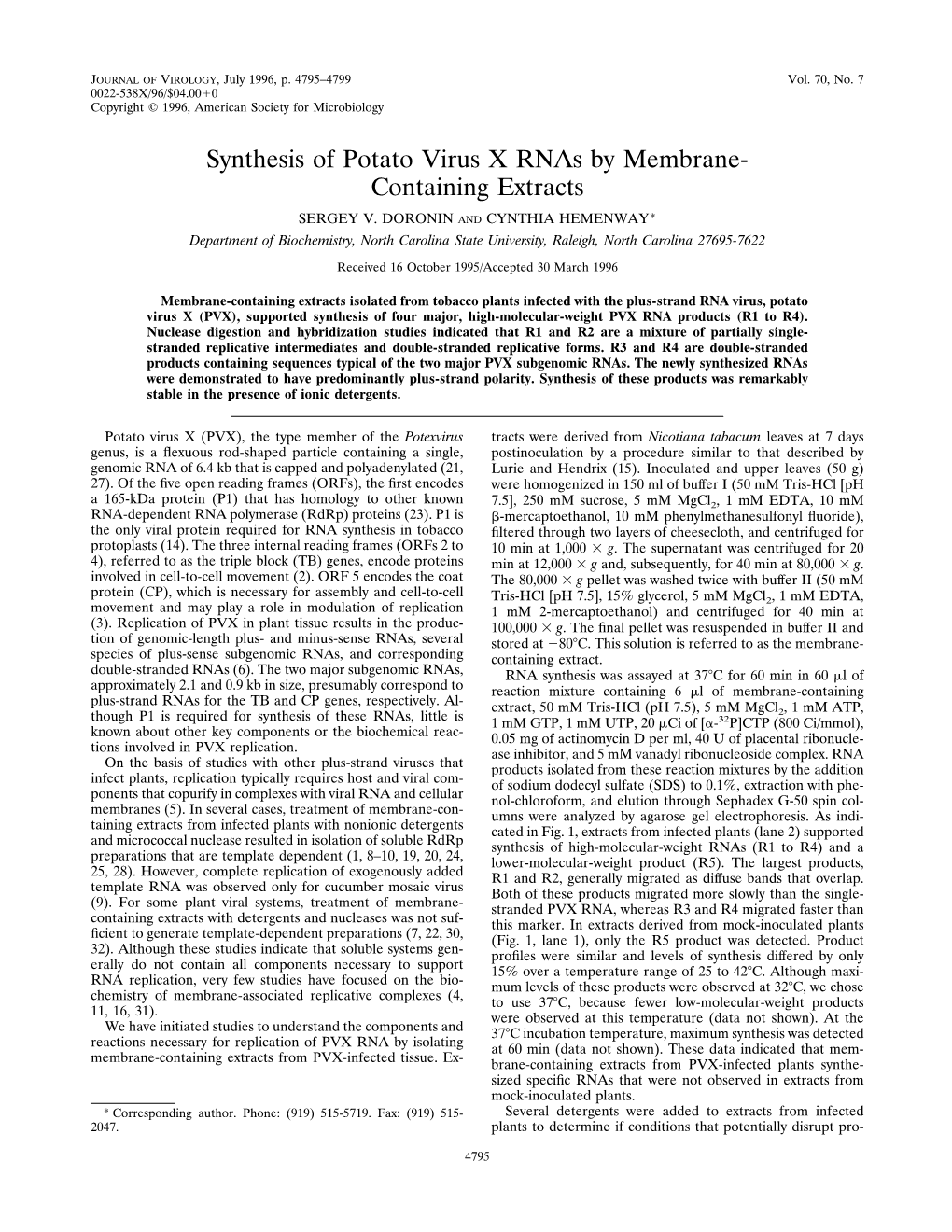 Synthesis of Potato Virus X Rnas by Membrane- Containing Extracts