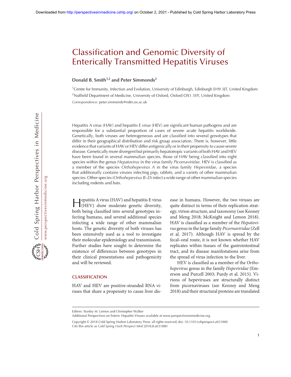 Classification and Genomic Diversity of Enterically Transmitted Hepatitis Viruses