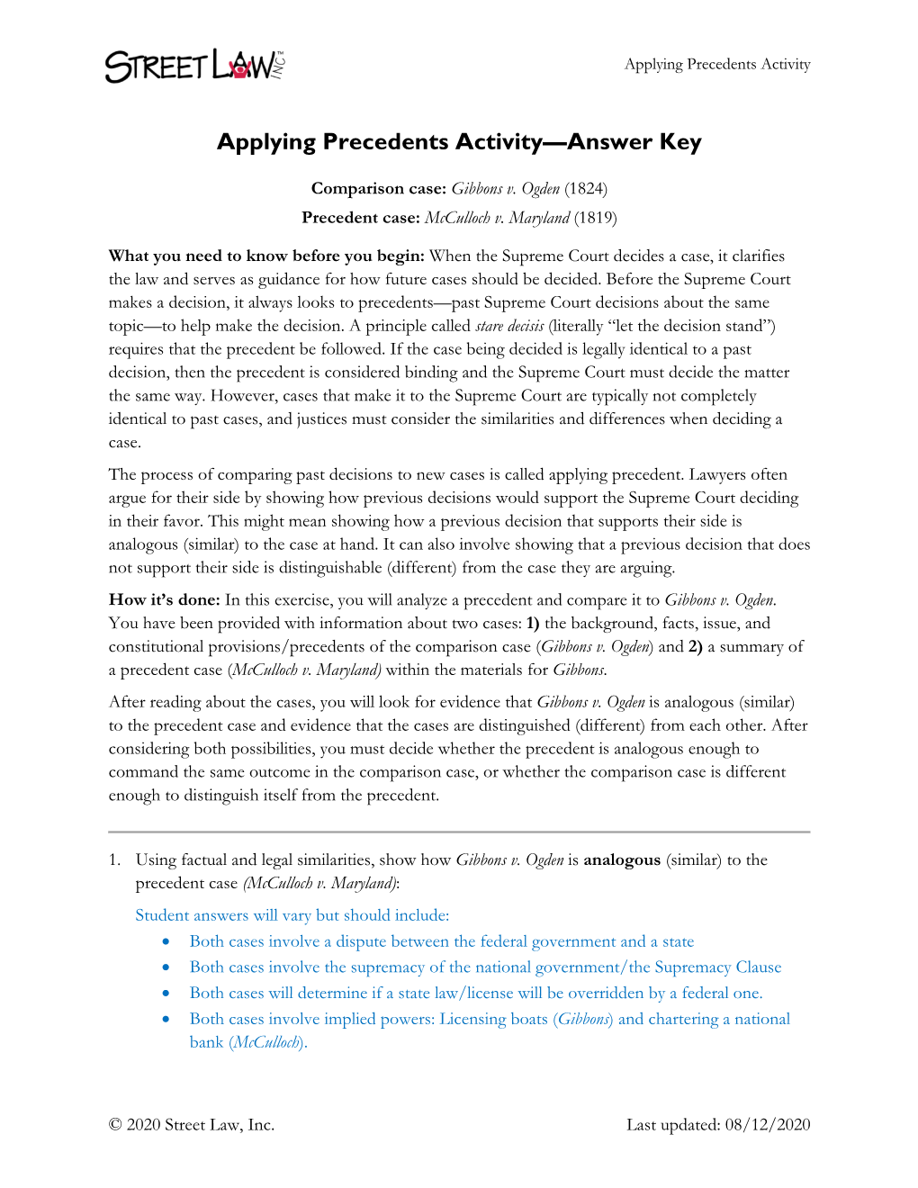 Applying Precedents Activity—Answer Key