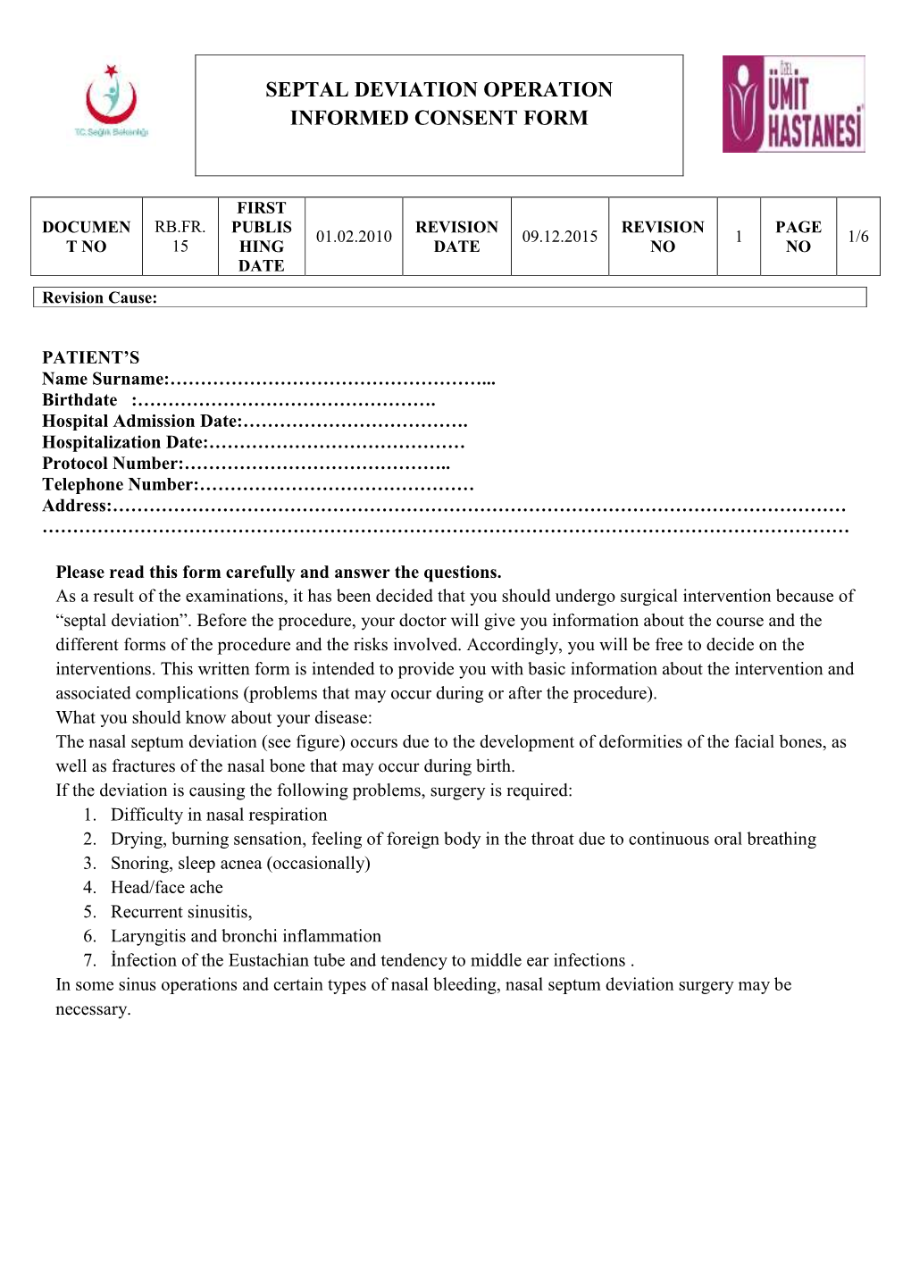 Septal Deviation Operation Informed Consent Form