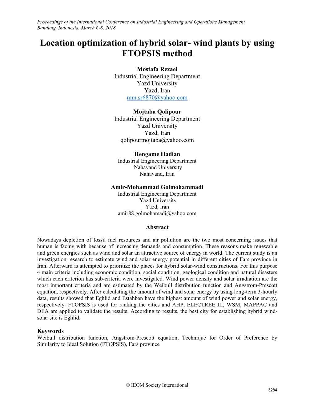 ID 449 Location Optimization of Hybrid Solar- Wind Plants by Using