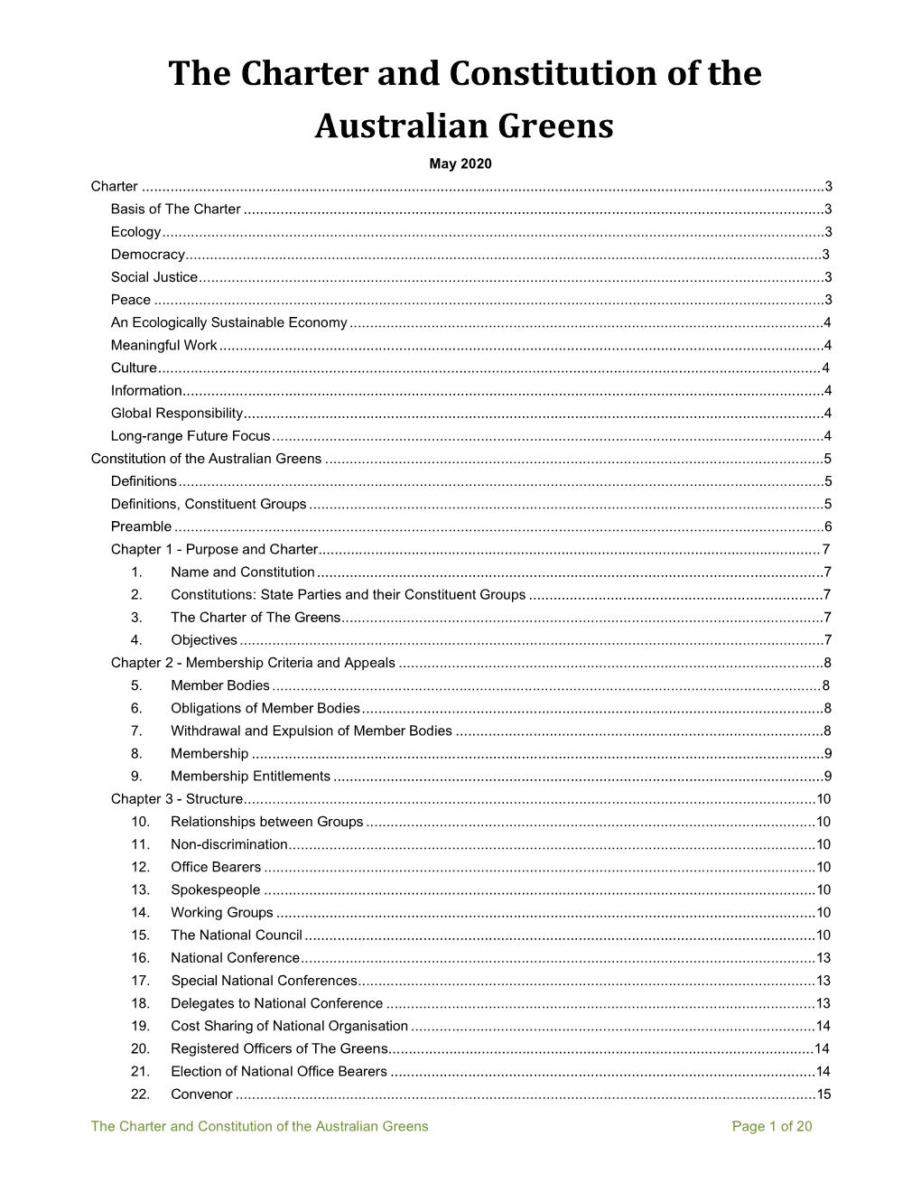 The Charter and Constitution of the Australian Greens May 2020 Charter