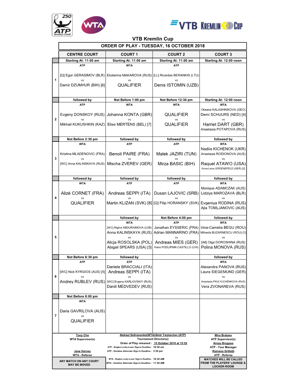 VTB Kremlin Cup ORDER of PLAY - TUESDAY, 16 OCTOBER 2018