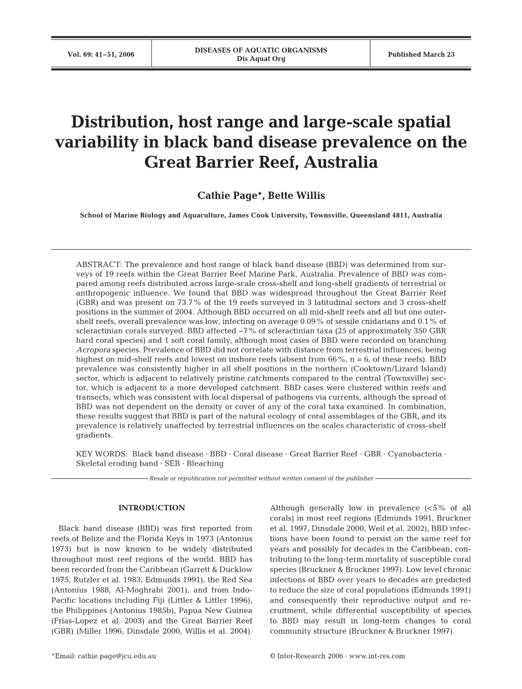 Distribution, Host Range and Large-Scale Spatial Variability in Black Band Disease Prevalence on the Great Barrier Reef, Australia