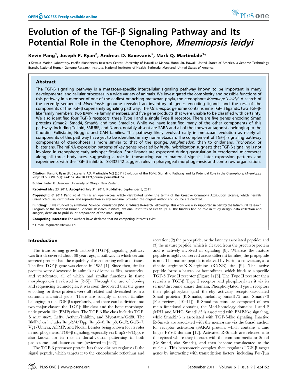 Evolution of the TGF-B Signaling Pathway and Its Potential Role in the Ctenophore, Mnemiopsis Leidyi