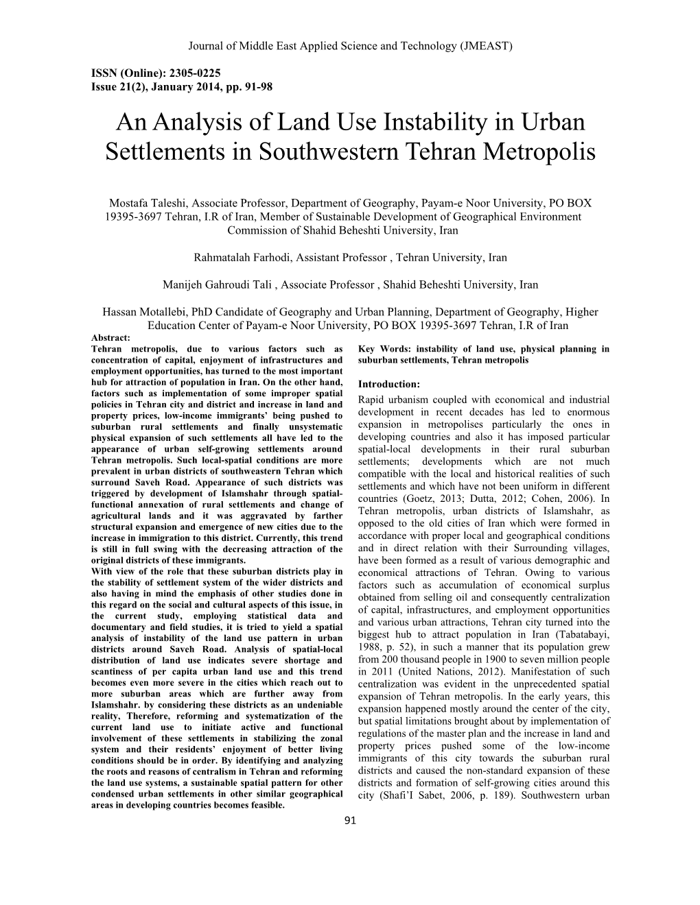 An Analysis of Land Use Instability in Urban Settlements in Southwestern Tehran Metropolis